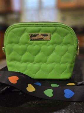 Betsey Johnson Neon Green Quilted Heart Bag with Rainbow Heart Strap